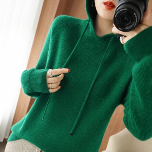 100% Pure Wool New Cashmere Sweater Womens Hooded Collar Solid Color Pullover Fashion Plus Size Warm Knitted Bottoming Shirt
