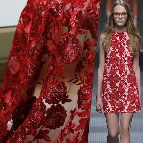 The Cloth Dark Red Gauze Embroidered Lace Fabrics Autumn Dress Garment Materials Sewing Cloth For Tailor Textile Freeshipping