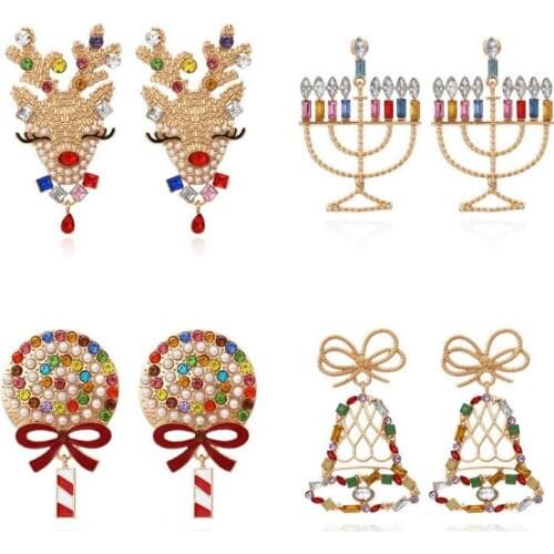 Paved Crystal Pearl Christmas Bell Deer Lollipop Alpaca Pierced Earrings for Women 2021 New Christmas Gifts Jewelry Wholesale