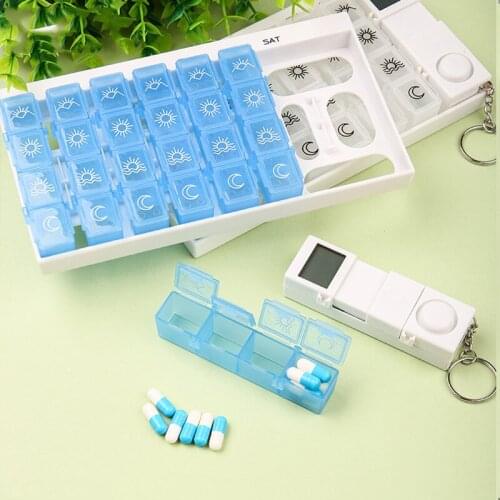 7 Day Weekly Digital Pill Organizer Box Medicine Case with 28 Compartments, 4 Timer Alarm Reminder Portable Keychain Pill Box