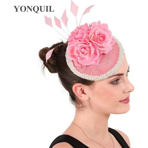 Gorgeous Women Wedding Pink Headpiece Bridal Marriage Hats Fascinatos On Hair Clips Ladies Occasion Party Dinner Millinery Cap
