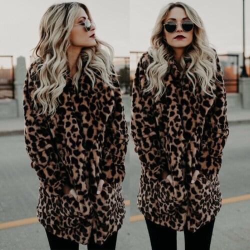Women Faux Fur Leopard Print Winter Warm parka Jacket Trench Coat Overcoat Top