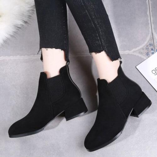 Women Autumn Winter Flock Ankle Boots Slip-on Round Toe Square Heel Solid Casual Black Camel Booties Size 35-43 goth boots