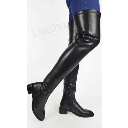 LAIGZEM Women Over Knee Boots Leather Suede Round Toe Side Zip Low Chunky Heels Boots Ladies Shoes Woman Big Size 33 40 42 43