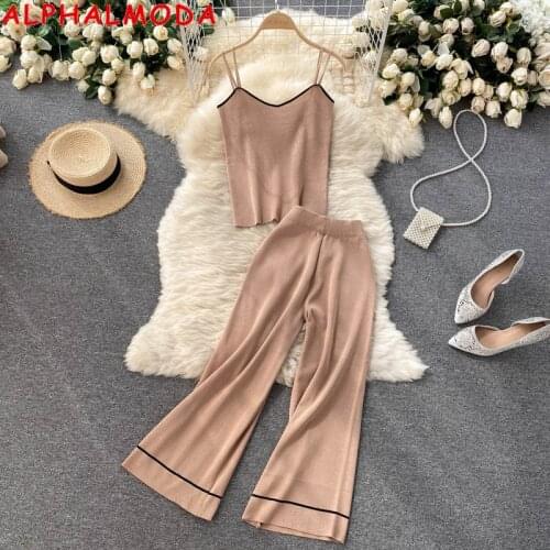 ALPHALMODA Summer Double Strap Sling Top + High Waist Wide-leg Trousers Women 2pcs Casual Knitting Sets