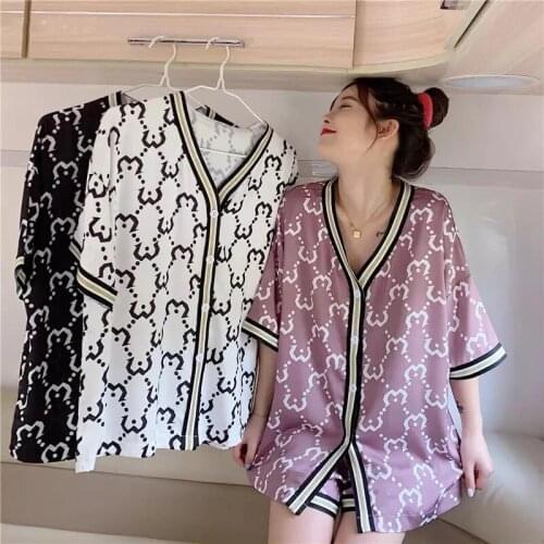 2021 Women Silk Satin Pajamas Set Letter Print Sleepwear Summer Short Sleeve Shorts Cool Nightwear Sexy Korean Loungewear