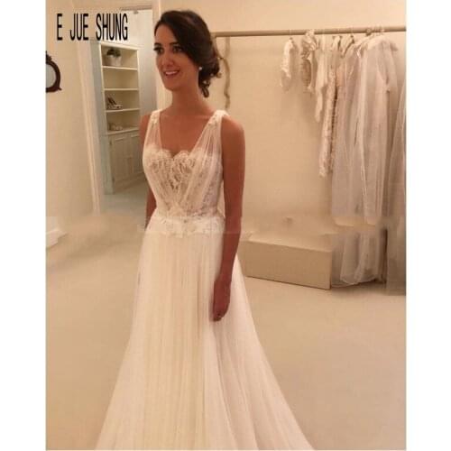 E JUE SHUNG Summer Sheer Tulle Boho Wedding Dresses V-Neck Backless Beach Wedding Gowns Appliques Bridal Gown vestidos de novia