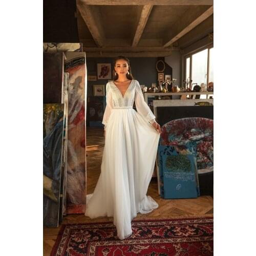 Платье Bohemian Wedding Dresses Puff Sleeve Lace V Neck Bridal Gown Backless Vestido De Novia Wedding Party Gown فساتين السهرة