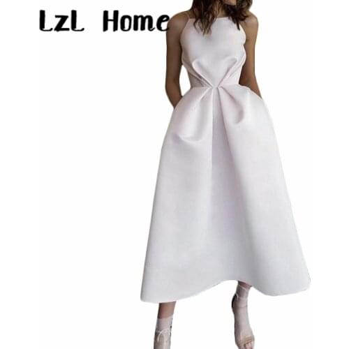 LzL Home Elegant spaghetti strap evening dress with pocket zipper white woman skirt tea long satin sleeveless ladies dress