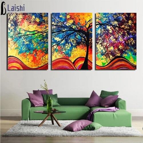 3Pcs Diamond Painting Pictures Abstract Color Tree Full Round Mosaic Graffiti Diamond Embroidery Sale Cross Stitch Wall Stickers