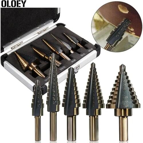 5PCS HSS 4241 Step Drill Bits With Aluminum Case Set Box Hole Cutter Multiple Hole Drilling Triangle Shank Tools Kit Woodworking