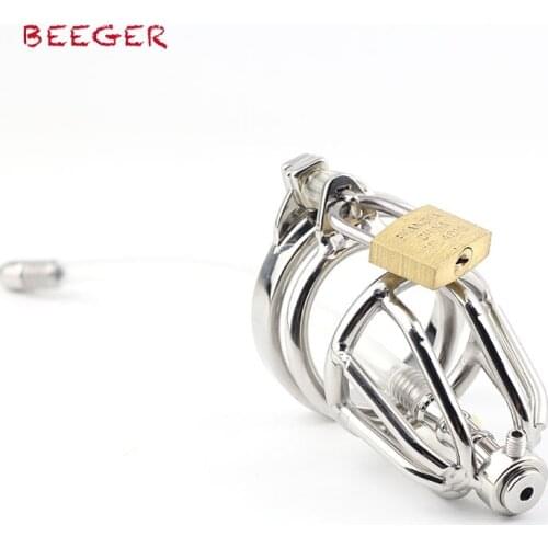 BEEGER Pisser Steel Chastity Cage Double Cock Ring, Chastity and Urethral Toy for Men