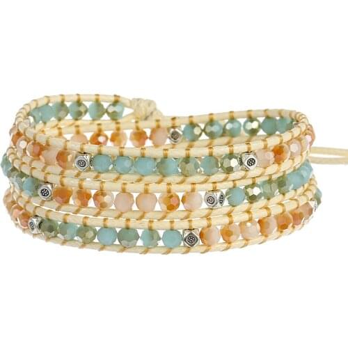 Faceted Crystal Wrap Bracelet Geometric Alloy Beads Champagne Green Beads Handmade Braided 3 Layers Boho Bracelets for Women