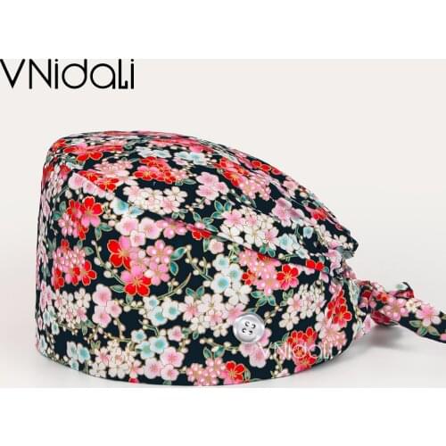 Bronzing flower printing hats cotton adjustable scrub hat beauty salon working cap laboratory pet shop scrubs cap with buttons