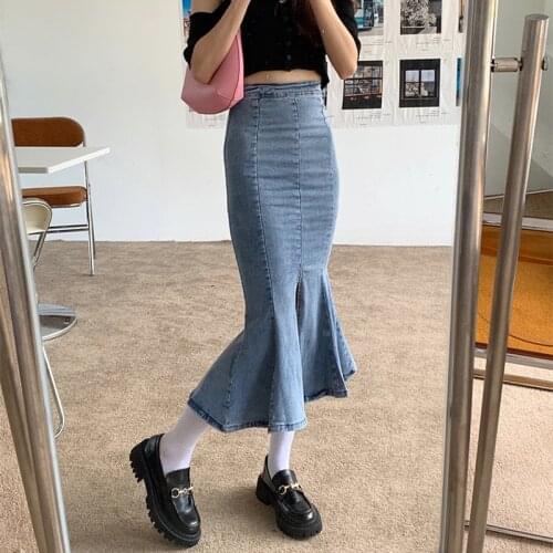 Hzirip Summer Chic Fashion Solid Color 2021 New Casual Washed Denim All-Match Ruffled Trumpet Stretch High Waist Ladies Skirt