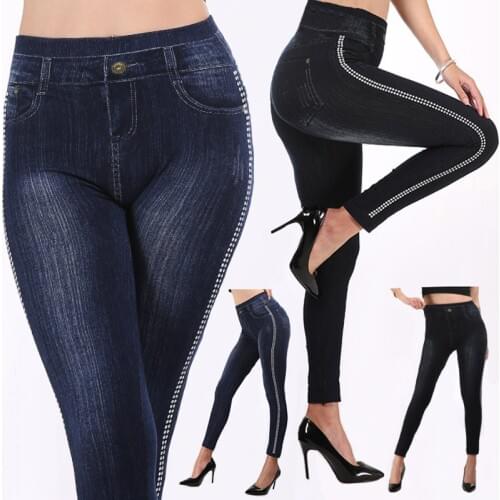 Hot female imitation denim printed leggings fashion dot high waist nine points pants large size high quality ladies leggings