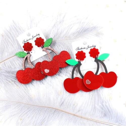 Lovely Creative Red Cherry Acrylic Earrings for Women Girls Creative Fashion Fruits Dangle Earrings Shiny Glitter Powder Brincos