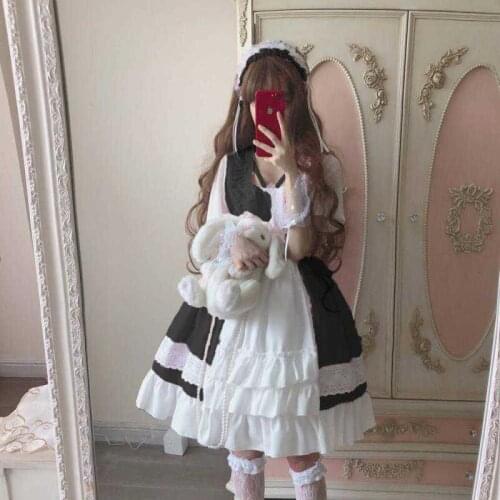 Japanese Style Sweet Girls Lolita Summer Fashion Lace Lacing Ruffle High Waist Palace Style Puff Sleeve Kawaii Princess Dresses