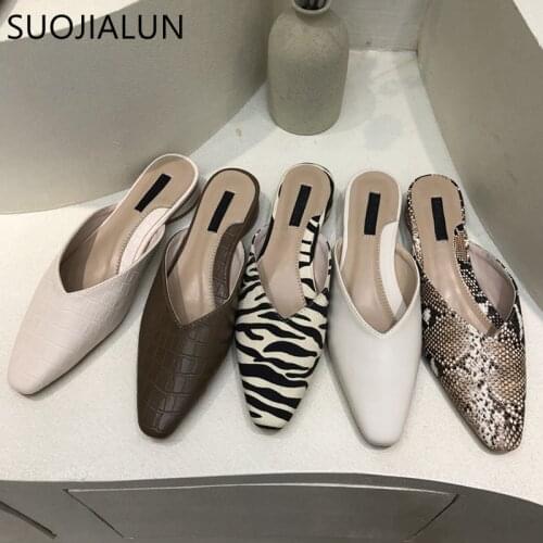SUOJIALUN 2021 Spring Slip On Mules Shoes Round Toe Shallow Low Heel Slippers Fashion Dress Shoes Female Chaussure Slippers