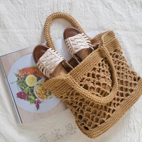New style straw woven bag beach bag portable solid color cotton hand crocheted bag tide female forest art fan beach holiday