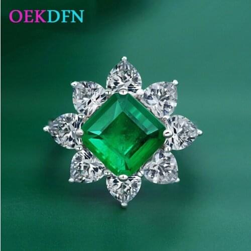 OEKDFN Vintage 100% 925 Sterling Silver Ring Emerald Gemstone Wedding Engagement Anniversary Rings Jewelry Women Finger Bands