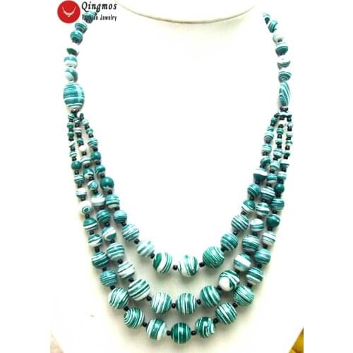 Qingmos 3 Strings Natural Agates Necklace for Women with 4-12mm Round Green Zebra Stripe Agates Necklace Jewelry 20-22" nec5697