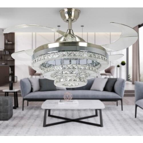 YEELED Light 42" Invisible Ceiling Fan with 3-Color Light and Remote Retractable Blades Crystal Fandelier for Indoor Rooms