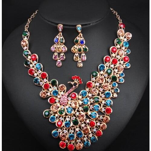 Luxurious Peacock Bridal Jewerlry Sets Big Drop Earrings Indian Statement Necklace Set Wedding Party Costume Jewellery for Women