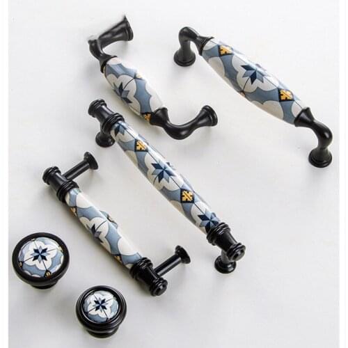 Blue Flower /Ceramic Door Handles and Knobs Nordic Furniture Handles Drawer Pulls Kitchen Cabinet Knobs and Handles With Screw
