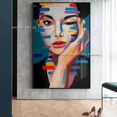Nordic fashion figure thick knife oil painting model face art canvas handmade painting corridor office home decoration mural