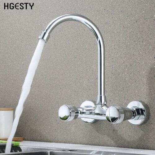 Modern Wall Mounted Kitchen Faucet 360 Degree Rotation Wash Basin Sink Tap Cold and Hot Water Mixer Tap Double Handle Dual Hole