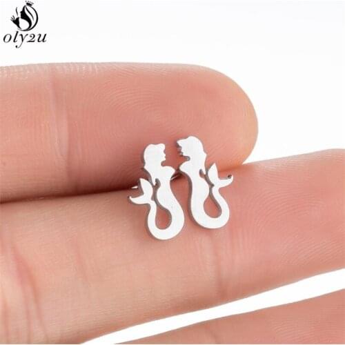 Vintage Little Mermaid Earrrings for Women Stainless Steel Mermaid Tail Stud Earring Statement Jewelry Small Earing Kids Gift