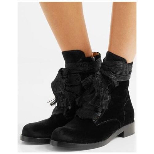 2018 Spring Fashion Black Smooth Leather Women Round Toe Ankle Boots Thicken Shoelace Ladies Knight Boots Lace Up Martin Boots