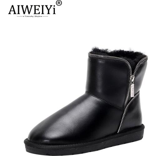 AIWEIYi Wool Boots for Woman Black White Flat Heels Ankle Boots Fur Boots Warm Snow Boots Black Botas