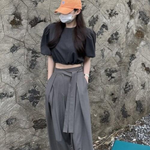 Women Summer High Waist Long Bandage Pants 2021 Elegant Loose Wide Leg Pants Gray Trousers