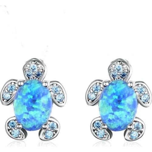 Female Cute Small Turtle Stud Earrings Fashion White Blue Opal Earrings Dainty Silver Color Oval Stone Animal Earrings For Women