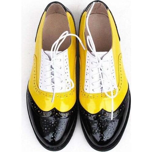 New Fashion Genuine leather Retro Flats Shoes Patent Leather Vintage oxfords Brogues Shoes for women lace-up Bullock Plus Size44