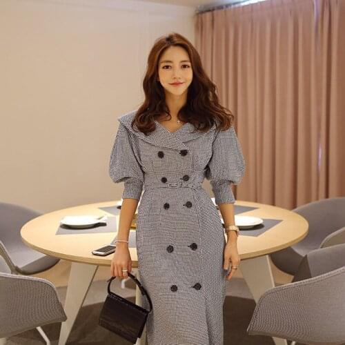 2020 England Style Women Full Puff Sleeve Peter Pan Collar Plaid Autumn Winter Dress Vintage Office Double Breasted Long Dresses