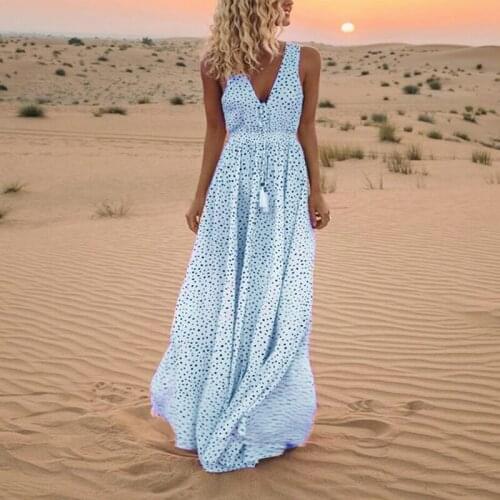 Summer Vintage Dress V-neck Sleeveless Polka Dot Print Evening Dress Fashion Tassel Loose Bohemian Style Holiday Long Dress 2021