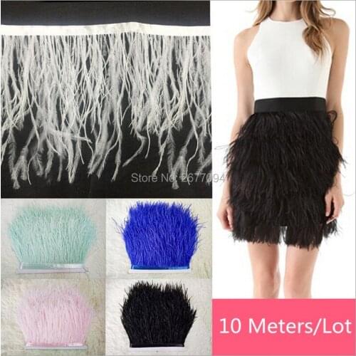 10 Meters/lot Natural 5''-6'' Colored Ostrich Feather Lace Trim for Stage & Dance Wear with Satin Ribbon Tape