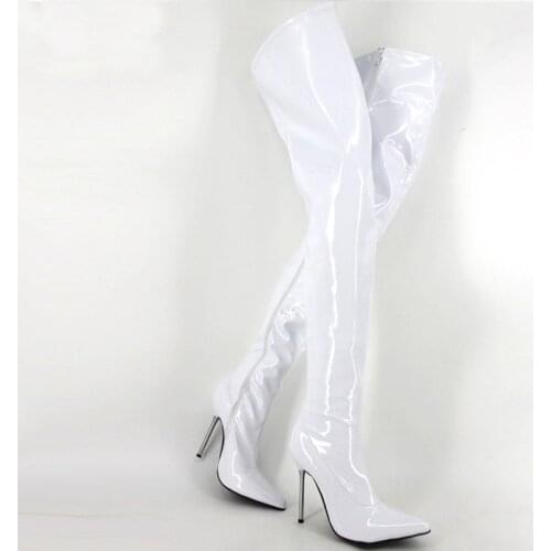 White Shiny 60Cm Crotch Thigh High Boots Women 12Cm Stilettos Metal High Heels Pointy Toes Custom Wide Calf Fit Shoes Woman