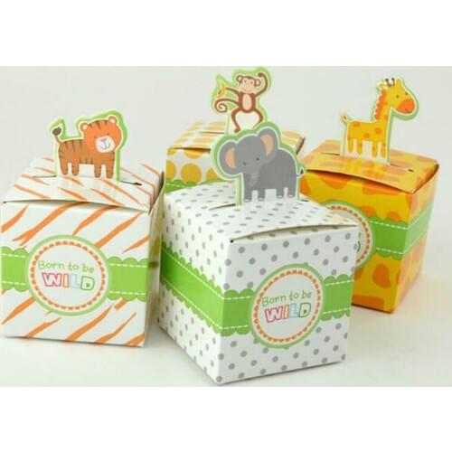 50pcs Cartoon Baby Shower Favors Box Safari Animal Wild Sweet Bag Candy Box Souvenir Boy/Girl Kids Event & Party Supplies