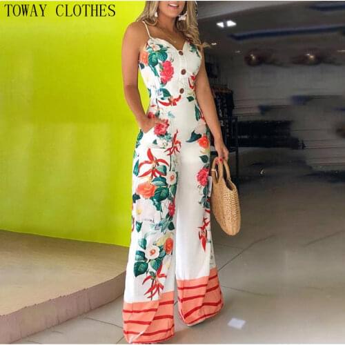 2020 Autumn Women Elegant Brief V-Neck Casual Jumpsuit Female Vacation Wide Leg Jumpsuit Spaghetti Strap Floral Print Jumpsuit