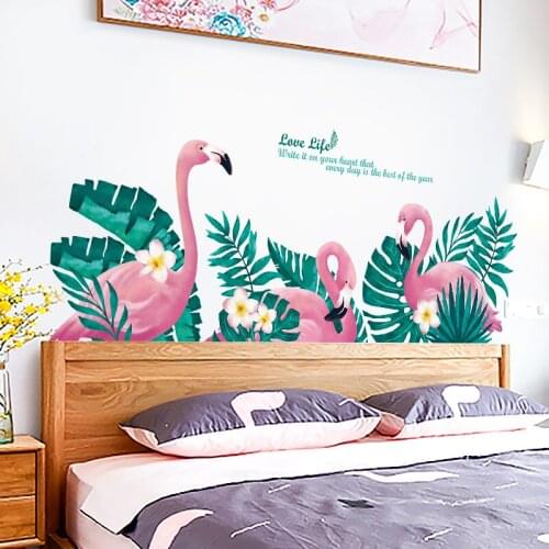 Nordic style Flamingo Wall Stickers for Living room Bedroom Sofa Background Green Leaf Wall Decals Self-adhesive Vinyl Murals