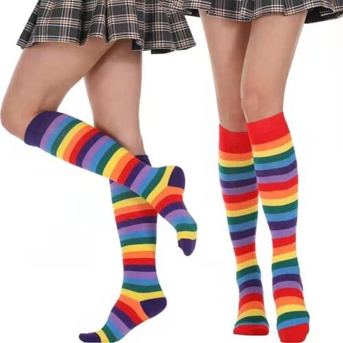 1pair New Women Long Socks Rainbow Stripe Length Thickness Cotton Fashion Female Cute Sexy Stocking Copsplay Casual Show Socks