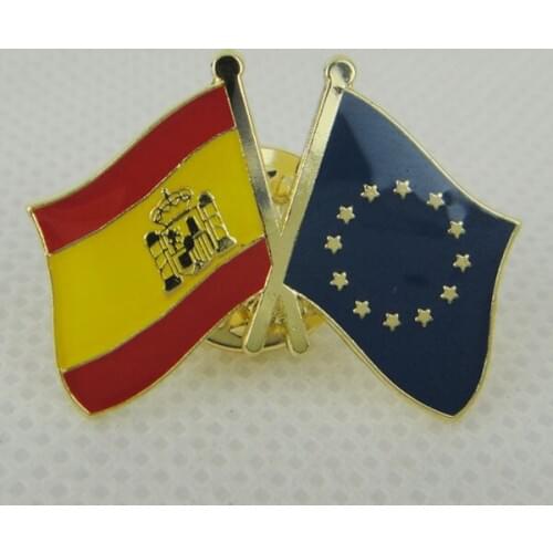 Wholesale safety pin/Spain & European Union flag pin made by iron 25.4mm brass plate & butterfly button MOQ 100pcs free shipping