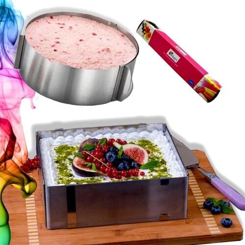 ADJUSTABLE CAKE MOLD RING 2-PIECE SET STAINLESS STEEL (ROUND & SQUARE) + 10pcs. PIPING BAG