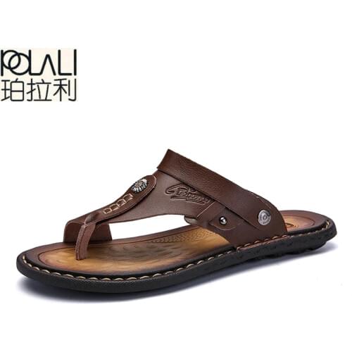 POLALI Men Sandals Genuine Split Leather Men Beach Sandals Brand Men Casual Shoes Flip Flops Men Slippers Sneakers Summer Shoes