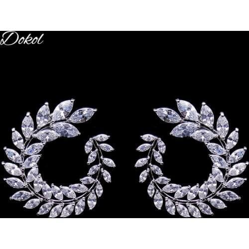 DOKOL Unique Hollow-out Round Earrings for Women Silver Color Fashion Wheat Wedding Stud Earring With Cubic Zirconia DKE0103