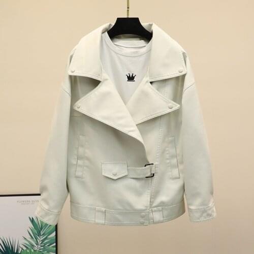Spring 2021 Loose Single-Button Beige Black Soft Faux PU Leather Jacket Turndown Collar Long sleeve Casual Biker Jacket Female